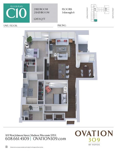 Floor plan for 2 beds, 2 baths, 1253 sqft